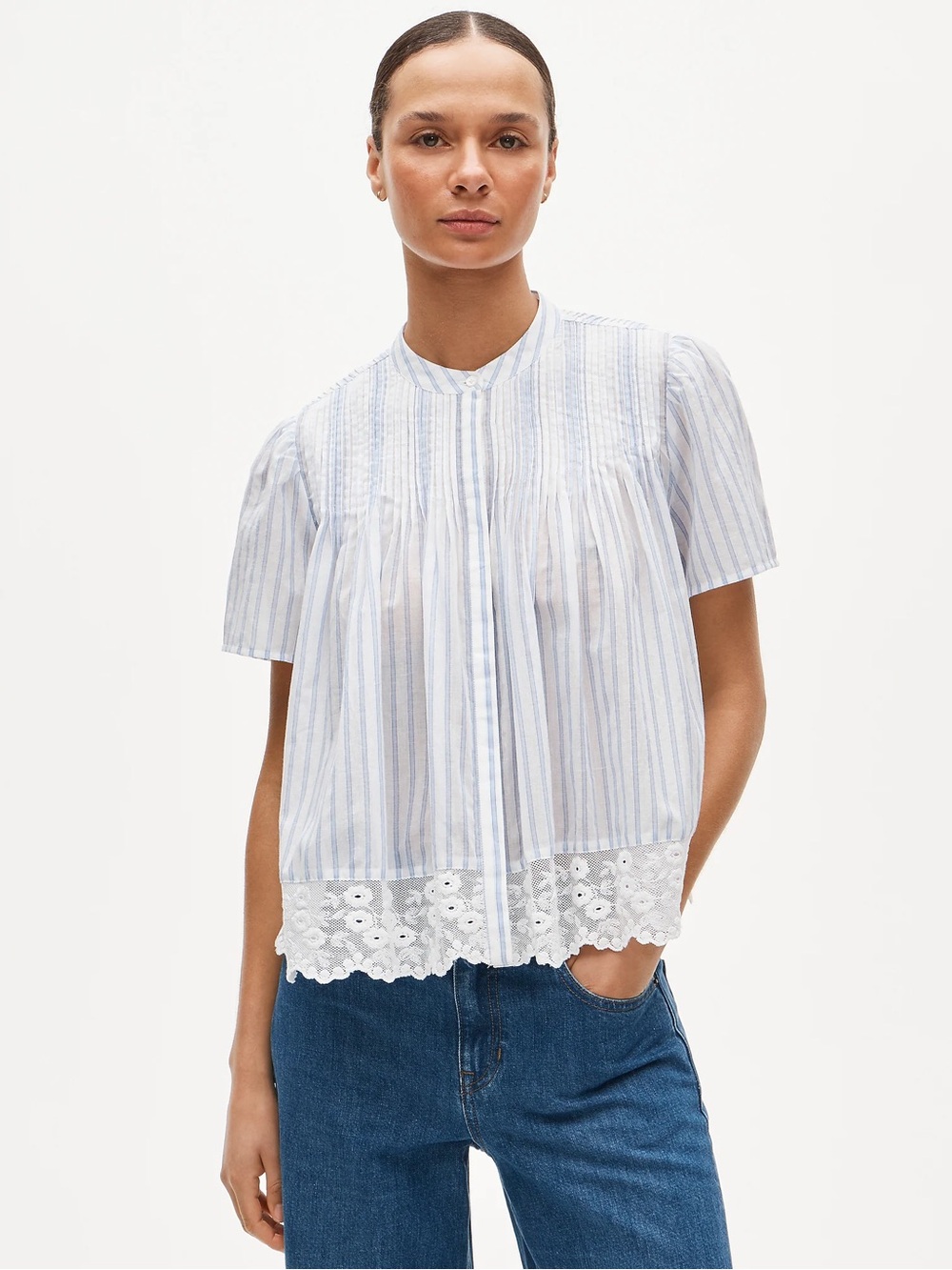NWOT J.Crew Lace-Trim Short-Sleeve Top Cotton Voile White Blue M *holes